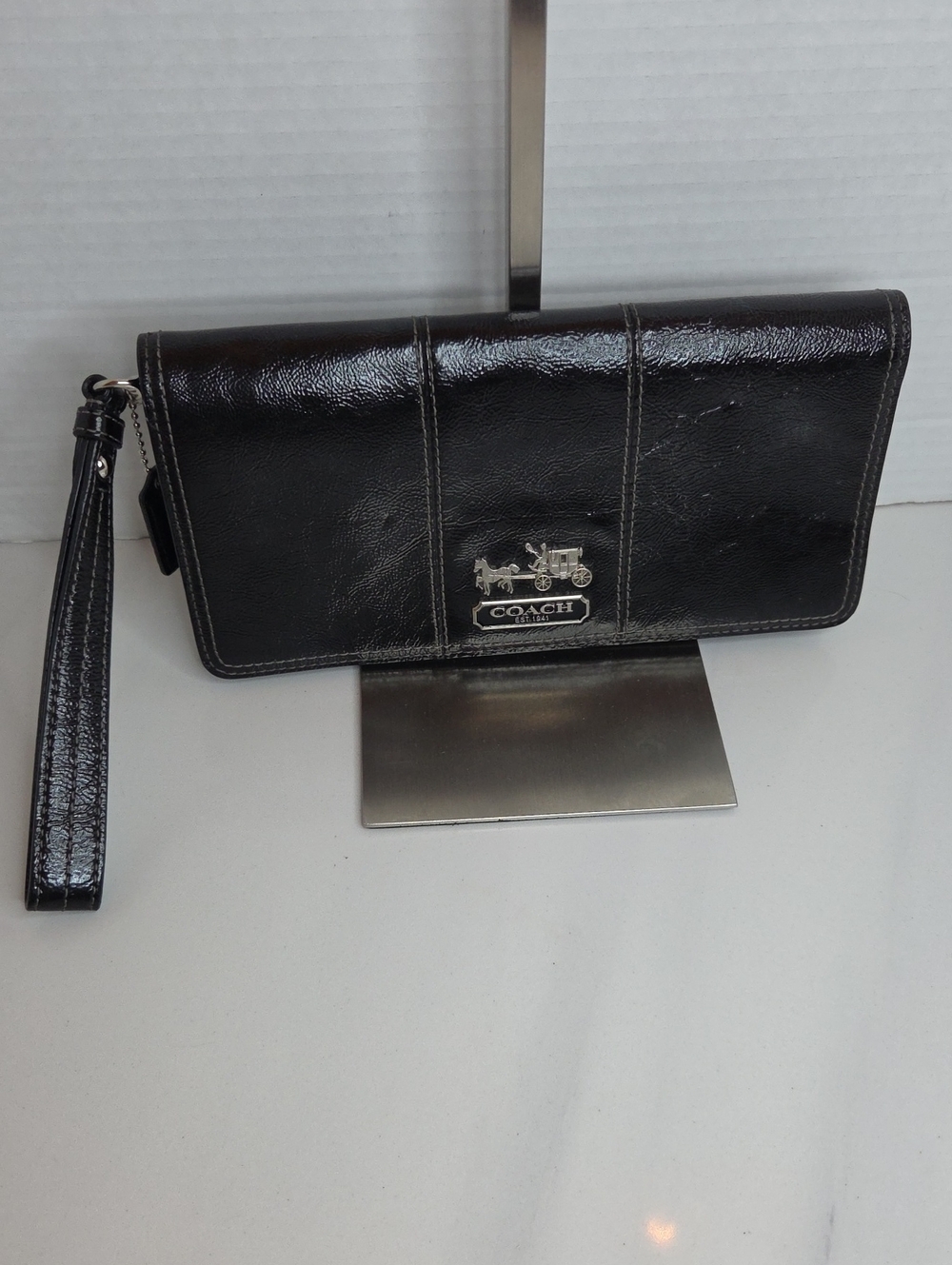Coach Black Patent Leather Wristlet Clutch with Silver Horse & Carriage Logo